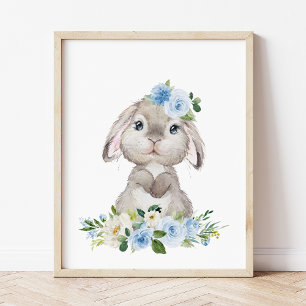 Cute Bunny, Rabbit, Blue Flowers, Boy Nursery Photo Print