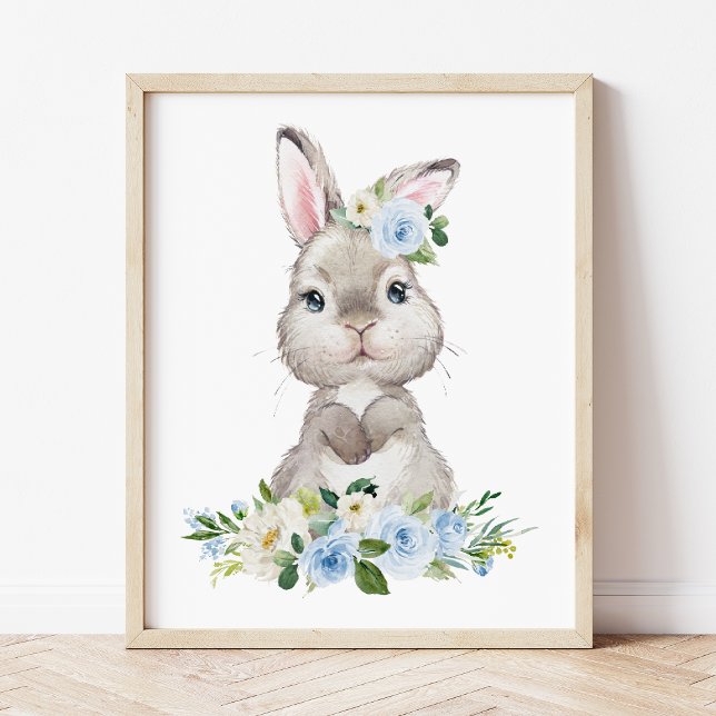Cute Bunny, Rabbit, Blue Flowers, Boy Nursery Poster (Creator Uploaded)