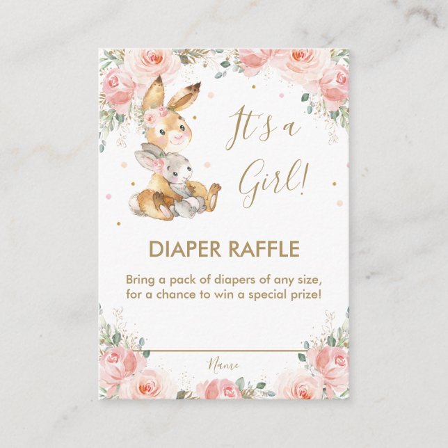 Cute Bunny Rabbit Blush Floral Diaper Raffle  Enclosure Card (Front)
