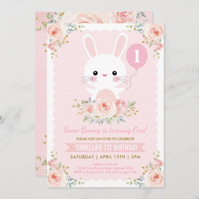 Cute Bunny Rabbit Blush Floral Easter Birthday Invitation (Front/Back)