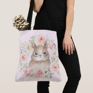 Cute Bunny Rabbit / Blush Pink Floral Wreath Tote Bag
