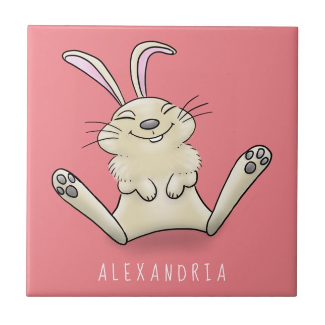 Cute bunny rabbit cartoon illustration ceramic tile (Front)