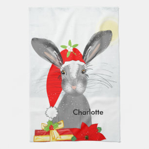 Cute Bunny Rabbit Christmas Holiday Theme Tea Towel