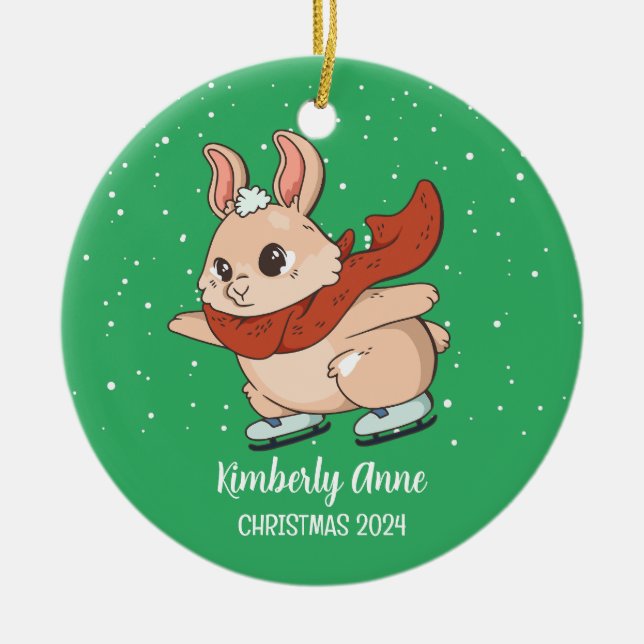 Cute Bunny Rabbit Christmas Snowy Winter Holiday Ceramic Ornament (Front)