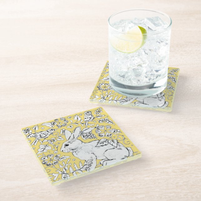 Cute Bunny Rabbit Drawing on Yellow, Bird Floral Glass Coaster (Angled)