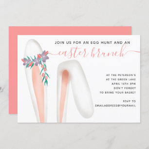 Cute bunny rabbit ear coral brunch egg hunt Easter Invitation
