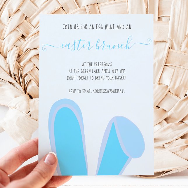 Cute bunny rabbit ears blue easter brunch egg hunt invitation (Creator Uploaded)