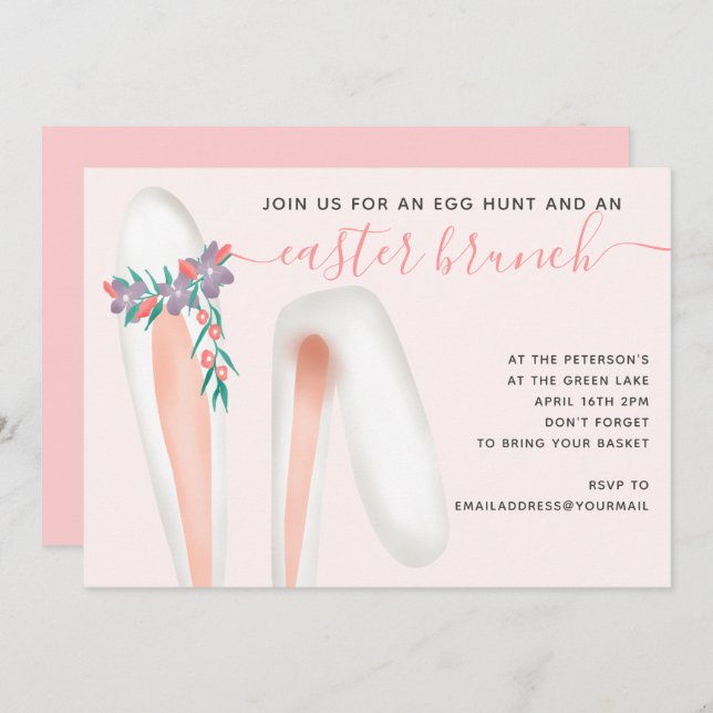 Cute bunny rabbit ears pink brunch egg hunt Easter Invitation (Front/Back)