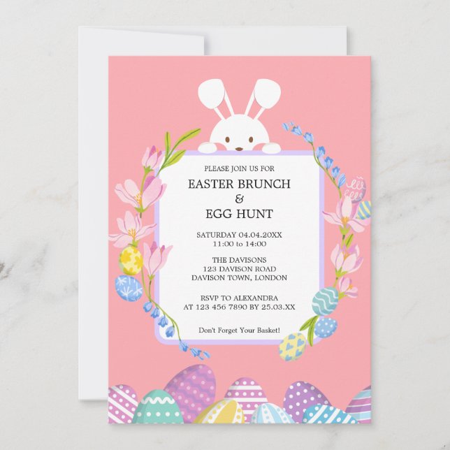 Cute Bunny Rabbit Easter Brunch & Egg Hunt Invitation (Front)