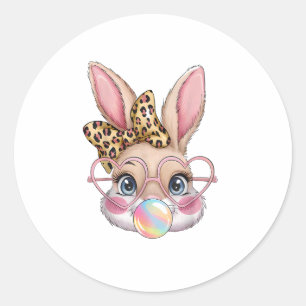 Cute Bunny Rabbit Face Leopard Bow Girls Happy Eas Classic Round Sticker