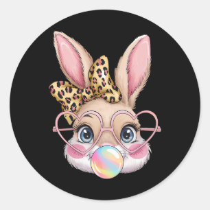 Cute Bunny Rabbit Face Leopard Bow Girls Happy Eas Classic Round Sticker