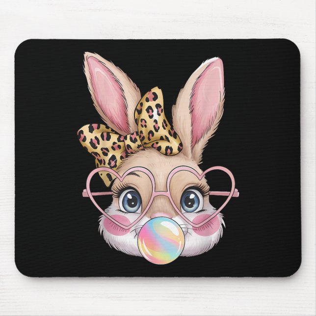 Cute Bunny Rabbit Face Leopard Bow Girls Happy Eas Mouse Pad (Front)