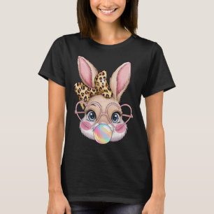 Cute Bunny Rabbit Face Leopard Bow Girls Happy Eas T-Shirt