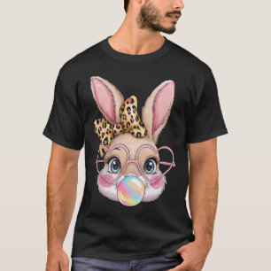 Cute Bunny Rabbit Face Leopard Bow Girls Happy Eas T-Shirt