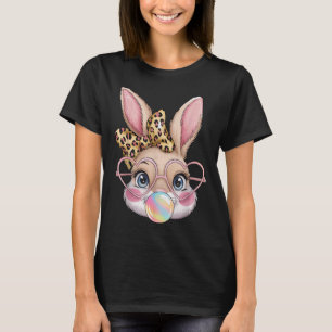 Cute Bunny Rabbit Face Leopard Bow Girls Happy Eas T-Shirt