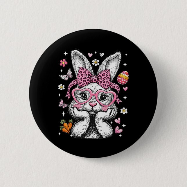 Cute Bunny Rabbit Face Leopard Coquette Bow Easter 6 Cm Round Badge (Front)
