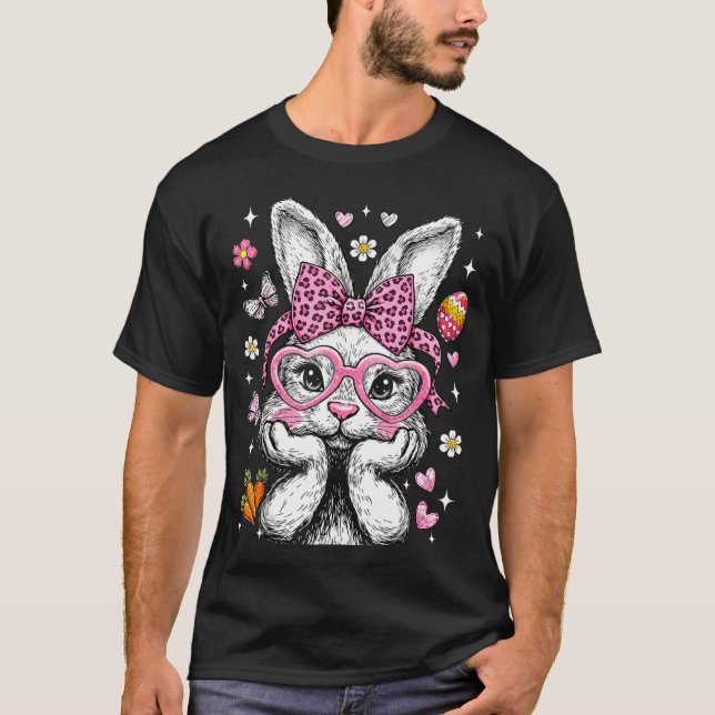 Cute bunny rabbit face leopard coquette bow easter T-Shirt (Front)