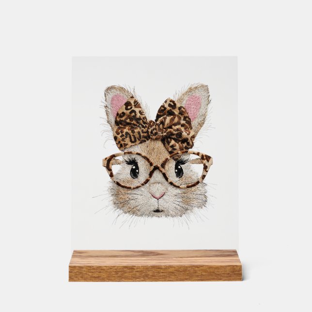 Cute Bunny Rabbit Face Leopard Coquette Bow Glasse Acrylic Sign (Front)