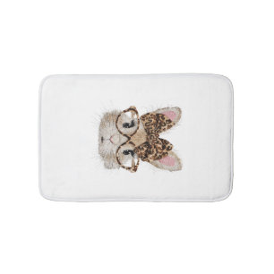 Cute Bunny Rabbit Face Leopard Coquette Bow Glasse Bath Mat