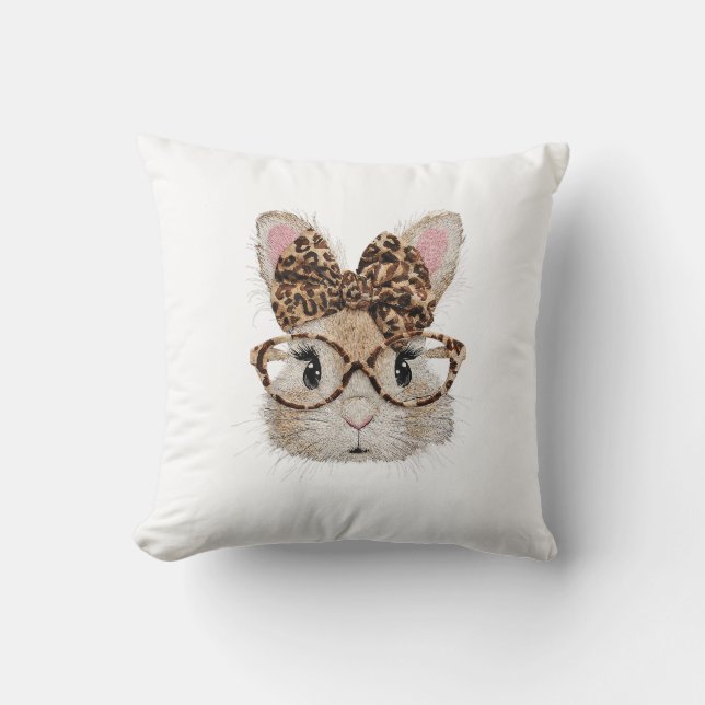 Cute Bunny Rabbit Face Leopard Coquette Bow Glasse Cushion (Front)