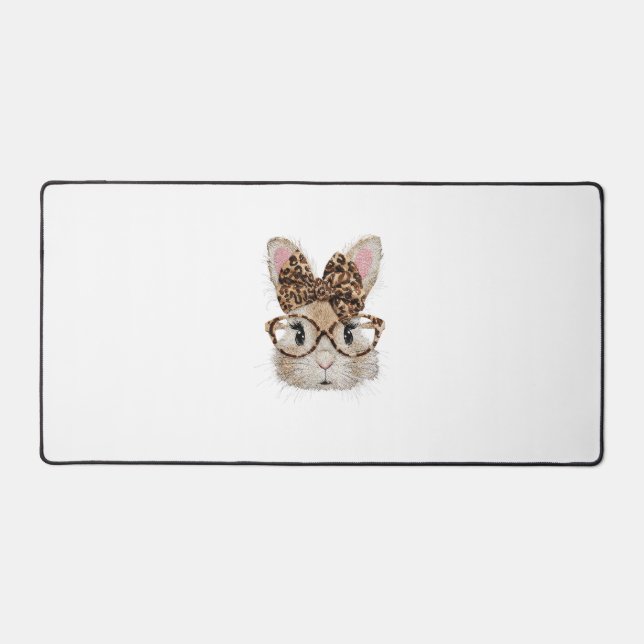 Cute Bunny Rabbit Face Leopard Coquette Bow Glasse Desk Mat (Front)