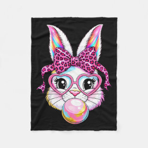 Cute bunny rabbit face leopard coquette bow glasse fleece blanket