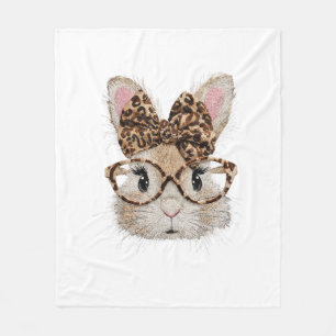 Cute Bunny Rabbit Face Leopard Coquette Bow Glasse Fleece Blanket