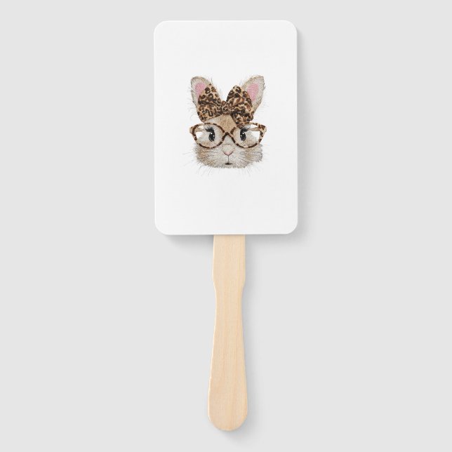 Cute Bunny Rabbit Face Leopard Coquette Bow Glasse Hand Fan (Front)