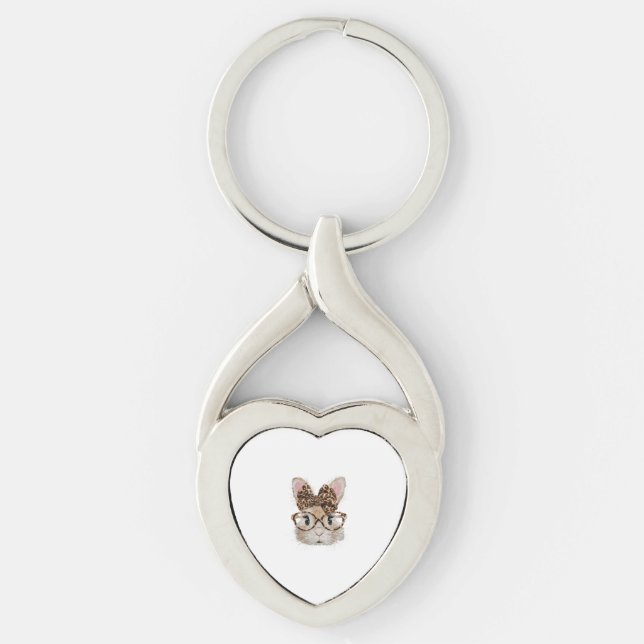 Cute Bunny Rabbit Face Leopard Coquette Bow Glasse Key Ring (Front)