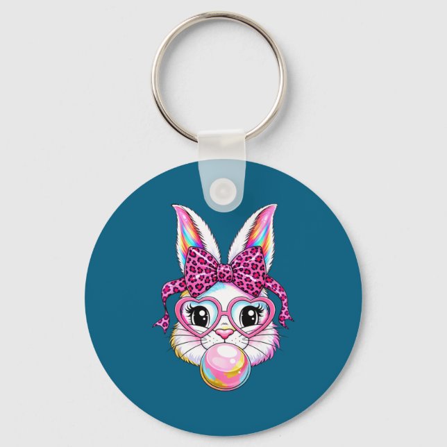 Cute bunny rabbit face leopard coquette bow glasse key ring (Front)