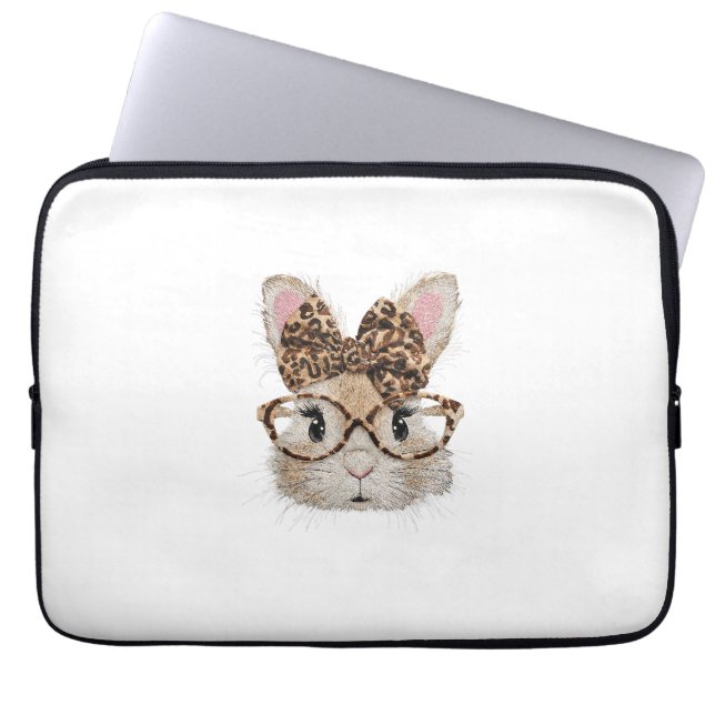 Cute Bunny Rabbit Face Leopard Coquette Bow Glasse Laptop Sleeve (Front)