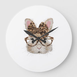 Cute Bunny Rabbit Face Leopard Coquette Bow Glasse Large Clock