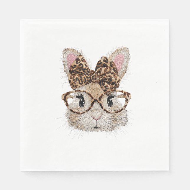 Cute Bunny Rabbit Face Leopard Coquette Bow Glasse Napkin (Front)