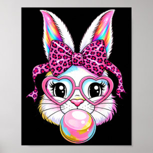 Cute bunny rabbit face leopard coquette bow glasse poster