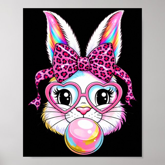 Cute bunny rabbit face leopard coquette bow glasse poster (Front)