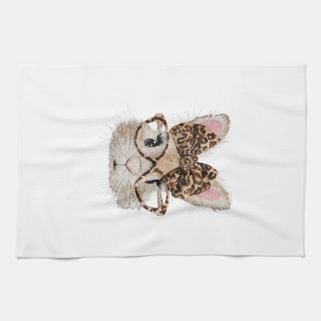 Cute Bunny Rabbit Face Leopard Coquette Bow Glasse Tea Towel (Horizontal)