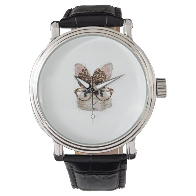 Cute Bunny Rabbit Face Leopard Coquette Bow Glasse Watch (Front)