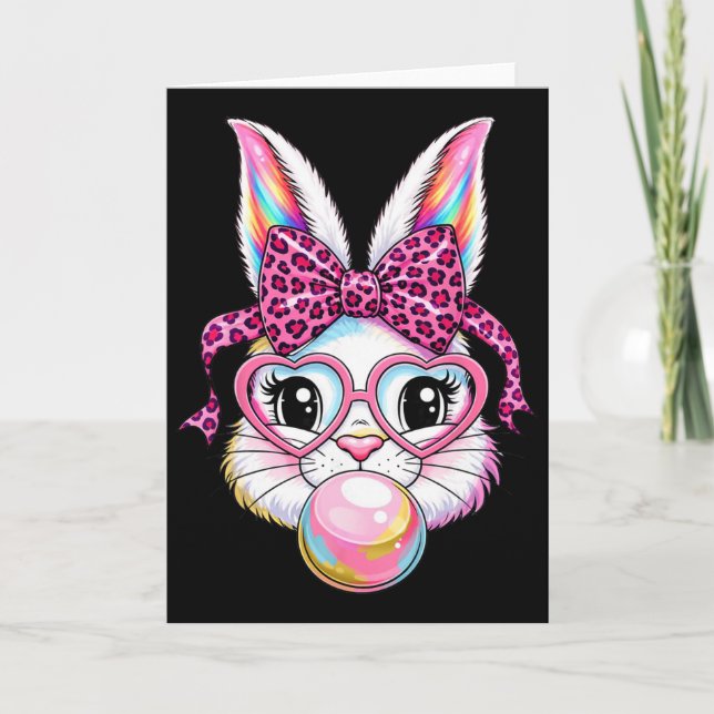 Cute Bunny Rabbit Face Leopard Coquette Bow Gles E Card (Front)
