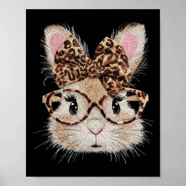 Cute Bunny Rabbit Face Leopard Coquette Bow Gles E Poster (Front)