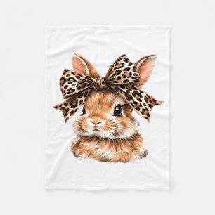 Cute Bunny Rabbit Face Leopard Coquette Bow Happy Fleece Blanket