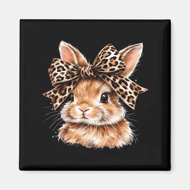 Cute Bunny Rabbit Face Leopard Coquette Bow Happy Magnet (Front)