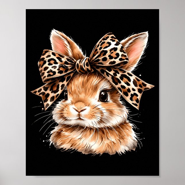 Cute Bunny Rabbit Face Leopard Coquette Bow Happy Poster (Front)