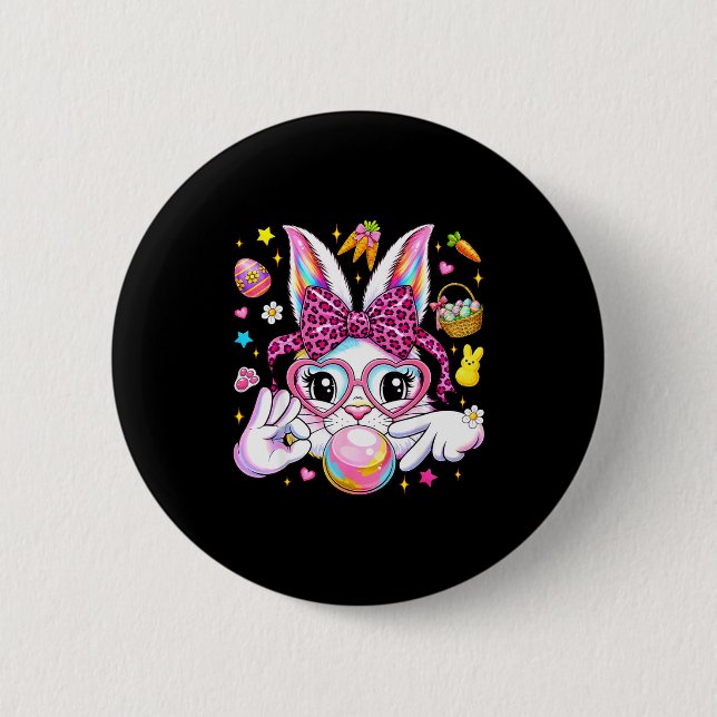 Cute bunny rabbit face leopard coquette bow six 6 cm round badge (Front)
