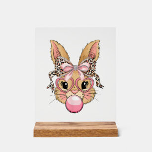 Cute Bunny Rabbit Face Leopard Glasses Girl Happy  Acrylic Sign