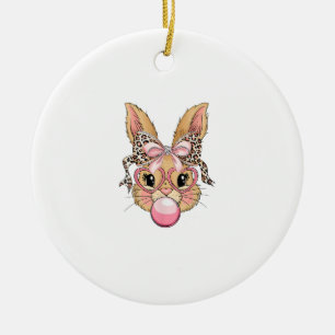 Cute Bunny Rabbit Face Leopard Glasses Girl Happy  Ceramic Ornament