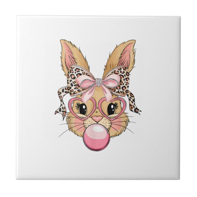 Cute Bunny Rabbit Face Leopard Glasses Girl Happy  Ceramic Tile (Front)