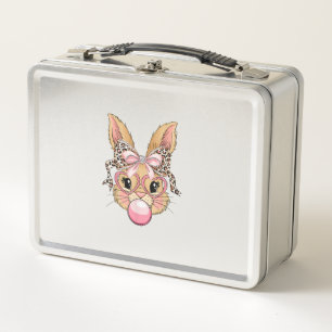 Cute Bunny Rabbit Face Leopard Glasses Girl Happy  Metal Lunch Box