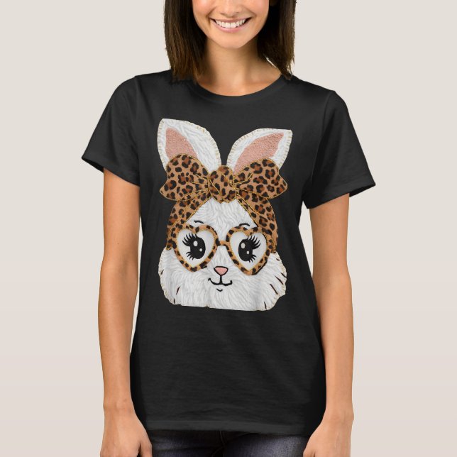 Cute Bunny Rabbit Face Leopard Gles Girl Happy Eas T-Shirt (Front)