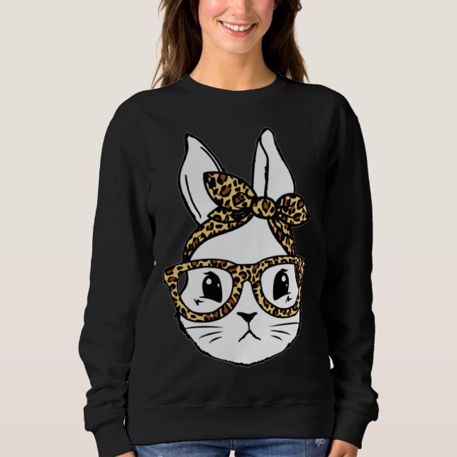 Cute Bunny Rabbit Face Messy Bun Leopard Glasses G Sweatshirt (Front)