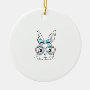Cute Bunny Rabbit Face Tie Dye Glasses Girl Happy  Ceramic Ornament